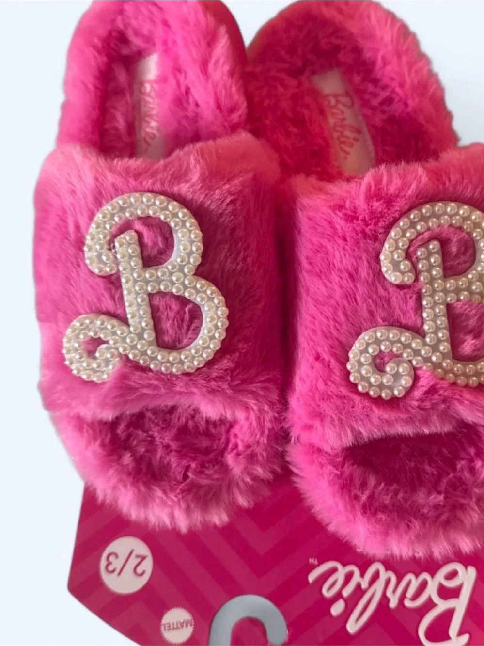 Barbie Hot Pink Faux-Fur Pearl 'B' Slide Slippers